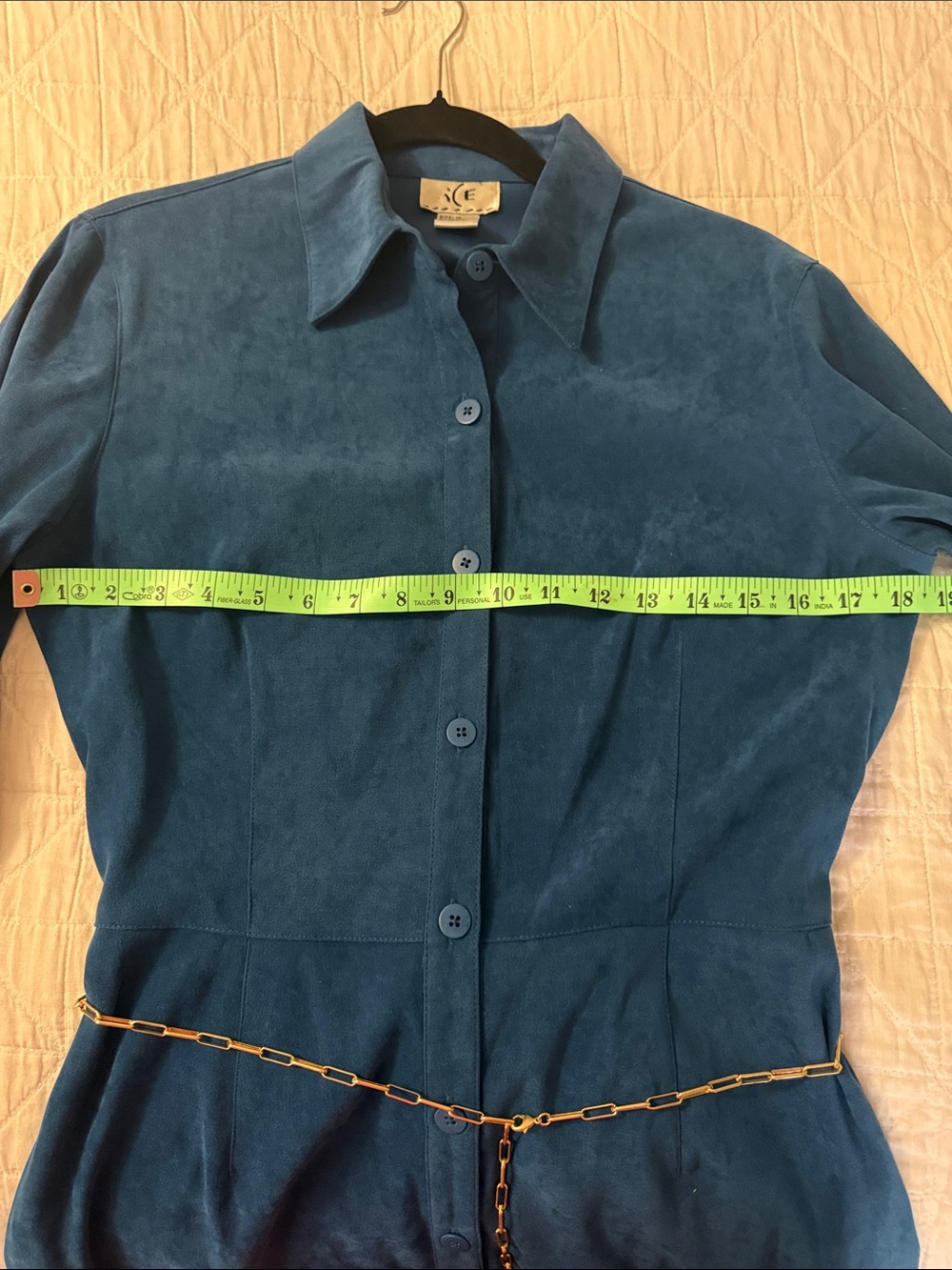 iCE Brand Vintage Teal Blue Button-Front Long Sleeve Dress with Chain Belt - 10 - Picture 5 of 8